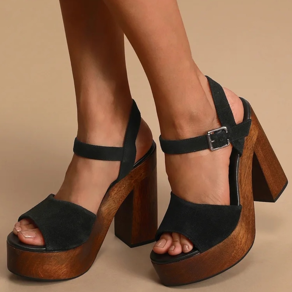 Black Suede Platform Heel Sandals - Women